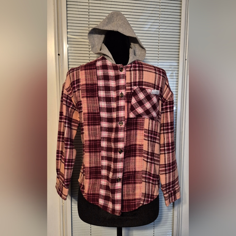 Justice Long Sleeve Plaid Flannel Shirt with Hood
